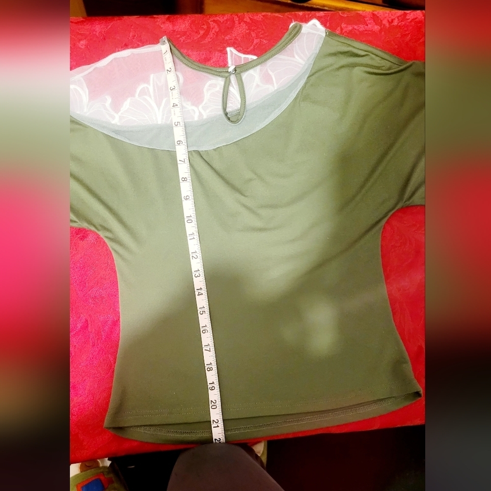 Olive Green Women's Top with Lace Appliqué - Picture 10 of 11
